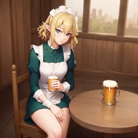 ryulionx, 1girl, elf, pointy ears, (green maid uniform), blonde, blue eyes, short hair, wavy hair, realistic, beer, cute, sitting, tavern background, solo, <lora:Ryulionx:0.6>, nixeu_soft