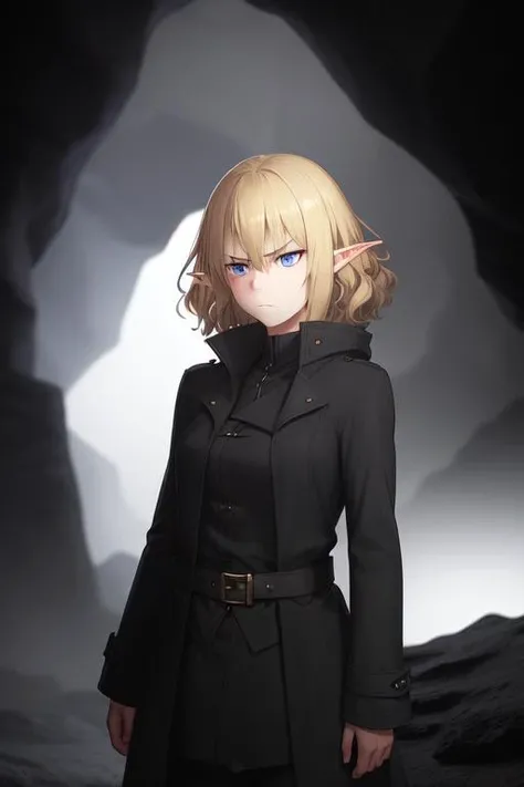 ryulionx, 1girl, elf, pointy ears, blonde, blue eyes, short hair, wavy hair, realistic, black coat, frown, medium shot, dark, cave background, <lora:Ryulionx2v1:0.6>