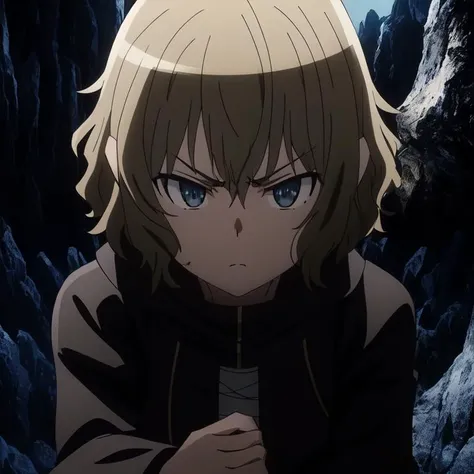 ryu, 1girl, wavy hair, short hair, angry, black coat, bandages, frown, close shot, dark, cave background, extremely detailed, aesthetic, masterpiece, perfect anatomy, atmospheric, majestic, highres, superb, extremely detailed, intricate, realistic lighting, 4k, (solo:1.2), (cute:1.1), (anime screencap), <lora:ryuv3:0.7>
