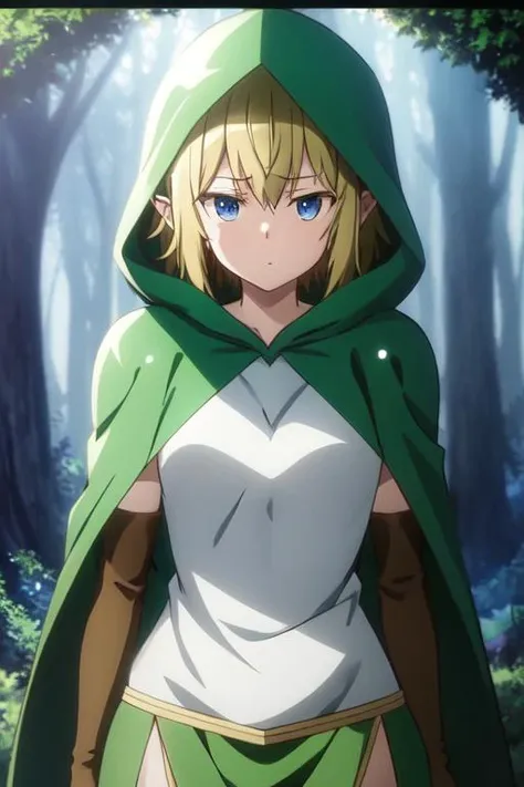 ryu, elbow gloves, green cape, hooded cloak, forest background, bokeh, medium shot, extremely detailed, aesthetic, masterpiece, perfect anatomy, [[award-winning photography, macro photography vivid colors]], atmospheric, majestic, highres, superb, extremely detailed, intricate, realistic lighting, 4k, (solo:1.2), (cute:1.1), (anime screencap), <lora:ryuv3:0.7>