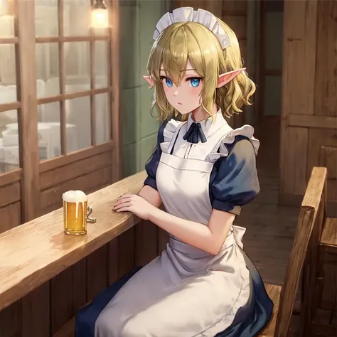 ryulionx, 1girl, elf, pointy ears, (green maid uniform), blonde, blue eyes, short hair, wavy hair, realistic, beer, cute, sitting, tavern background, solo, <lora:Ryulionx:0.6>, nixeu_soft