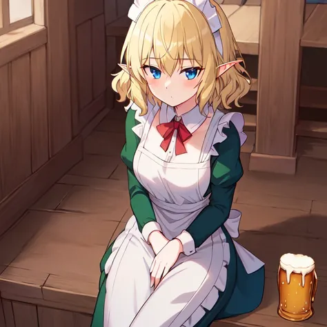 highres, masterpiece, hd, extremely detailed, intricate, illustration, ryulionx, 1girl, elf, close shot, sitting, blue eyes, short hair, wavy hair, blonde, green maid uniform, beer, tavern background, (solo), anime screencap, anime, <lora:Ryulionx2v1:0.6>