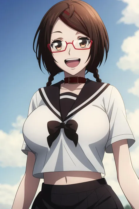 1girl, masterpice, high quality, best quality, good anime picture, misaki, ((school uniform)), ((serafuku)), glasses, twin braids, ((collar)), hair ornament, <lora:misaki_sakimiya-09:0.8>, upper body, big breasts, dynamic light and shadows, smile, open mouth,