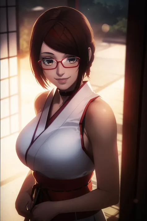 1girl, masterpice, high quality, best quality, (realistic:1.3), (solo), misaki, glasses, twin braids, ((collar)), hair ornament, ((miko clothes))<lora:misaki_sakimiya-09:0.8>, big breasts, dynamic light and shadows, ((NFSW:1.3), (explicit), erotic, smile, scenary: japanese temple:1.3