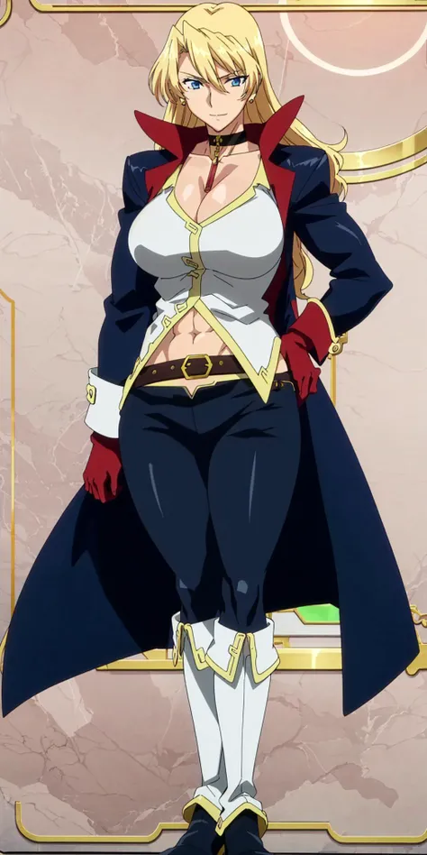 masterpiece, high quality, best quality, 1girl, (muscular:1), muscles, abs, biceps, thighs, obliques, abs lines, naval, thighs, fit, (super gigantic breasts), buffed, (closed mouth, half smile), spsara, blonde hair, blue eyes, earrings, cleavage, choker, black overcoat, white shirt, black pants, black gloves, belt, boots, white background, anime screencap, anime key visual, full body <lora:SpacePirateSara:1>