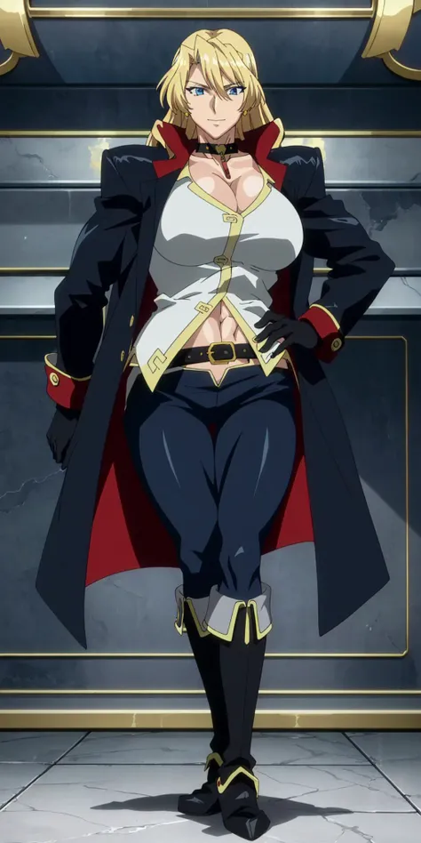 masterpiece, high quality, best quality, 1girl, (muscular:1), muscles, abs, biceps, thighs, obliques, abs lines, naval, thighs, fit, (super gigantic breasts), buffed, (closed mouth, half smile), spsara, blonde hair, blue eyes, earrings, cleavage, choker, black overcoat, white shirt, black pants, black gloves, belt, boots, white background, anime screencap, anime key visual, full body <lora:SpacePirateSara:1>
