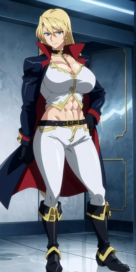 masterpiece, high quality, best quality, 1girl, (muscular:1), muscles, abs, biceps, thighs, obliques, abs lines, naval, thighs, fit, (super gigantic breasts), buffed, (closed mouth, half smile), spsara, blonde hair, blue eyes, earrings, cleavage, choker, (black overcoat), (white shirt), black pants, black gloves, belt, boots, white background, anime screencap, anime key visual, full body <lora:SpacePirateSara:1>
