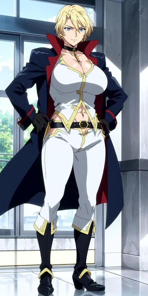 masterpiece, high quality, best quality, 1girl, (muscular:1), muscles, abs, biceps, thighs, obliques, abs lines, naval, thighs, fit, (super gigantic breasts), buffed, (closed mouth, half smile), spsara, blonde hair, blue eyes, earrings, cleavage, choker, black overcoat, white shirt, black pants, black gloves, belt, boots, white background, anime screencap, anime key visual, full body <lora:SpacePirateSara:1>