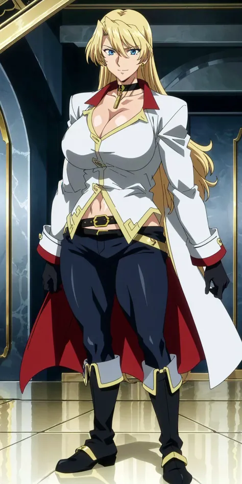 masterpiece, high quality, best quality, 1girl, (muscular:1), muscles, abs, biceps, thighs, obliques, abs lines, naval, thighs, fit, (super gigantic breasts), buffed, (closed mouth, half smile), spsara, blonde hair, blue eyes, earrings, cleavage, choker, black overcoat, white shirt, black pants, black gloves, belt, boots, white background, anime screencap, anime key visual, full body <lora:SpacePirateSara:1>