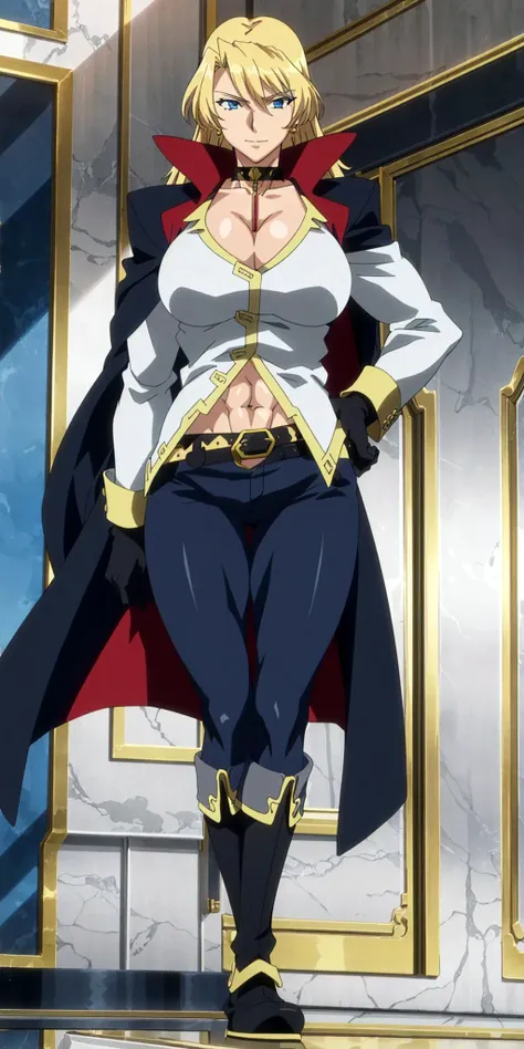 masterpiece, high quality, best quality, 1girl, (muscular:1), muscles, abs, biceps, thighs, obliques, abs lines, naval, thighs, fit, (super gigantic breasts), buffed, (closed mouth, half smile), spsara, blonde hair, blue eyes, earrings, cleavage, choker, black overcoat, white shirt, black pants, black gloves, belt, boots, white background, anime screencap, anime key visual, full body <lora:SpacePirateSara:1>