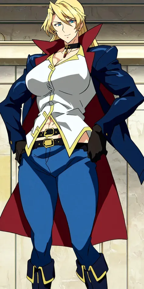 (masterpiece, best quality, ultra detailed, absurdres:1.5), 1girl, (sexy, beautiful woman, perfect face, perfect eyes, perfect female body:1.5), (muscular:1.5), (muscles, abs, biceps, obliques, abs lines, naval, ripped, fit:1.5), (super gigantic breasts), (closed mouth, half smile), spsara, blonde hair, blue eyes, earrings, cleavage, (cape, jacket, shirt:1.5), choker, black pants, gloves, belt, boots, simple background <lora:SpacePirateSara:1> <lora:animemix_v3_offset:1>