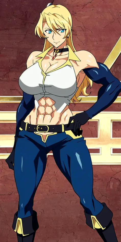 (masterpiece, best quality, ultra detailed, absurdres:1.5), 1girl, (sexy, beautiful woman, perfect face, perfect eyes, perfect female body:1.5), (muscular:1.5), (muscles, abs, biceps, obliques, abs lines, naval, ripped, fit:1.5), (super gigantic breasts), (closed mouth, half smile), spsara, blonde hair, blue eyes, earrings, cleavage, shirt, choker, black pants, gloves, belt, boots, simple background  <lora:SpacePirateSara:1> <lora:animemix_v3_offset:1>