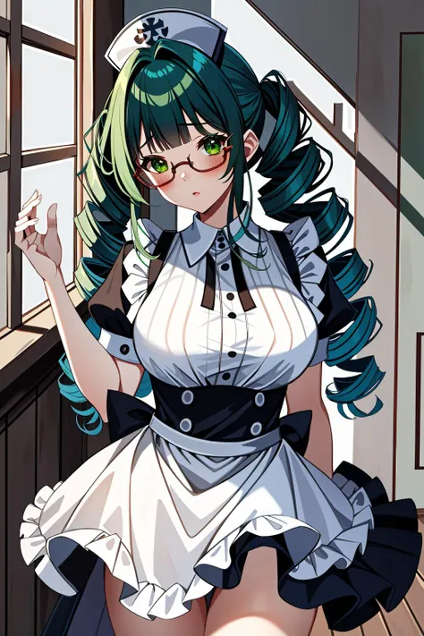((masterpiece, best quality, high quality)),1girl, <lora:Natalie Griffin:0.7> (natalie griffin, oc ch8, 1girl, long hair, hair ornament, green eyes, glasses, blunt bangs, drill hair, twin drills, drill_curls, drill locks, mature_female, hairclip, dark blue hair),
