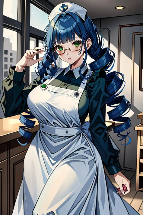 ((masterpiece, best quality, high quality)),1girl, <lora:Natalie Griffin:0.7> (natalie griffin, oc ch8, 1girl, long hair, hair ornament, green eyes, glasses, blunt bangs, drill hair, twin drills, drill_curls, drill locks, mature_female, hairclip, dark blue hair), <lora:Long Apron Nurse v2:0.8> (nurse_long_apron, apron, nurse cap, surgical mask, latex gloves, long sleeves,long dress),