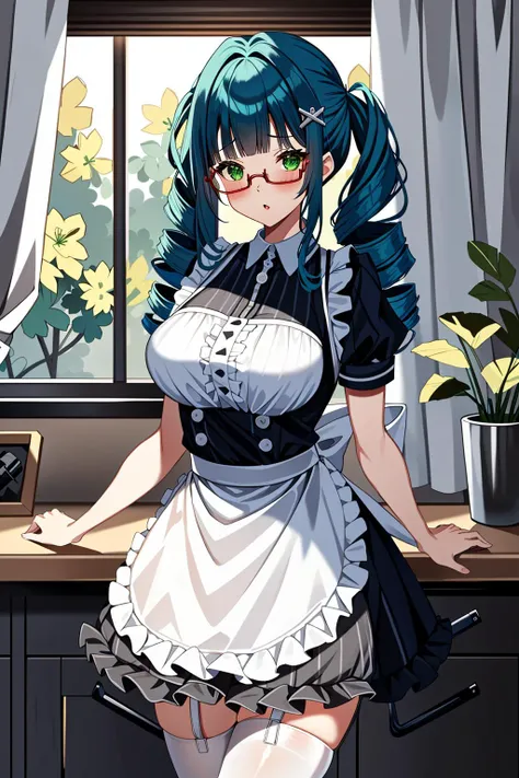 ((masterpiece, best quality, high quality)),1girl, <lora:Natalie Griffin:0.7> (natalie griffin, oc ch8, 1girl, long hair, hair ornament, green eyes, glasses, blunt bangs, drill hair, twin drills, drill_curls, drill locks, mature_female, hairclip, dark blue hair), <lora:Classic Nurse Old V2:0.8> (nurse_old_style_01, apron, nurse cap, short sleeves, striped dress, puffy sleeves, vertical stripes, nurse, white apron, puffy short sleeves, pantyhose),