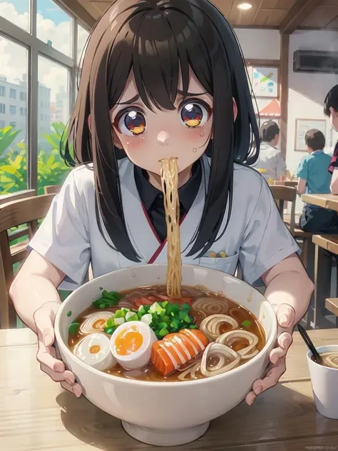 masterpiece, 
1girl, 
sip ramen, <lora:vomcum:0.7>