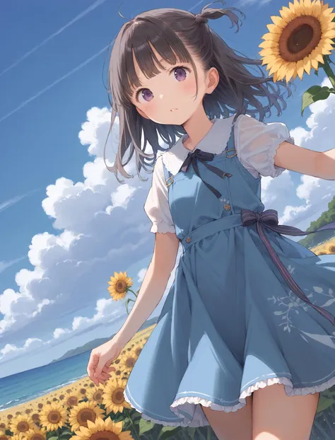 score_9, score_8_up, score_7_up,source_anime,BREAK uncensored,1girl,dress,Sunflower field at the tip of a high promontory with a view of the horizon, dutch angle,dynamic pose,cowboy shot, twilight,sea,cloud,blue sky,road