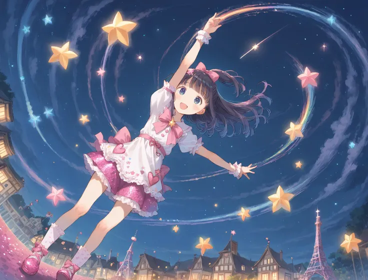 score_9, score_8_up, score_7_up,source_anime,BREAK uncensored,1girl,(colorful:1.2),Magical Girl , ((yumekawa,yumekawaii)),pastel colors, dynamic pose, dynamic angle,wonderland,Gothic decoration,sticker style,heart item,star item,ribbon,symbolic, conspicuous,(star glitter and hart glitter:1.5),(kawaii town at night:1.5),(big clock tower:1.2),(Meteor shower,star and hart effect:1.3),