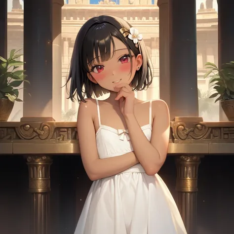 score_9, score_8_up, score_7_up, score_6_up, score_5_up, score_4_up (source_anime) (classic) (most aethetic quality) (ultimate detailed 64k unity portrait) (golden ratio) (aethetic harmony) (beautiful night), 1 ancient egyptian female priest is standing near ancient Egyptian city at night. BREAK, The ancient Egyptian priest looks young sister (raw sienna skin) (ebony short hair) crimson eyes (small chested) (small body) wearing ancient Egyptian white dress (blush and mischievous). The stone temple is located in ancien Egyptian capital. BREAK, ultra photorealistic building (ultra detailed background) (ultra detailed person) ultra detailed hair
