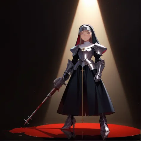 score_9,score_8_up,score_7_up, source_anime, (metalplate armored knight:1.2)+ nun, helmet of knight, shiny skin, (holding an assault rifle)+, standing front of ruined church. Fantasy art, dramatic, toon style, stylized, blood return, low light, (spotlight:1.3), window lighting, glasses, reflection, bright pupils, (full body:1.2), (sad eyebrow, downward-slanting eyebrows:1.2), blunt bangs, Sunlight, red lips, dynamic angle