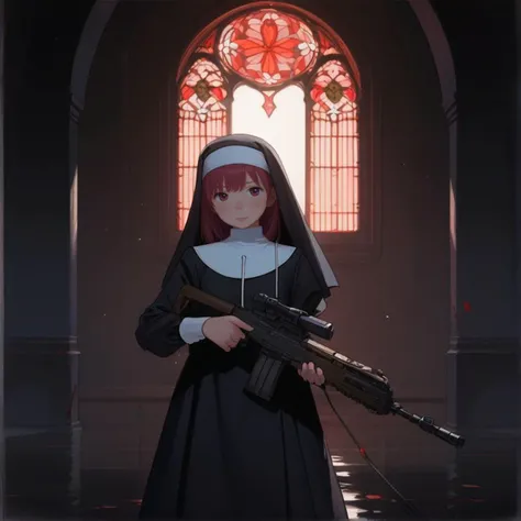 score_9,score_8_up,score_7_up,source_anime, An (armored)+ nun, (holding an assault rifle)+, action pose, in a ruined city. Fantasy art, dramatic, toon style, stylized, blood return ,low light, dramatic lighting, darkness, eye lighting, smoke, neon, spotlight, red light, window lighting, glasses, reflection