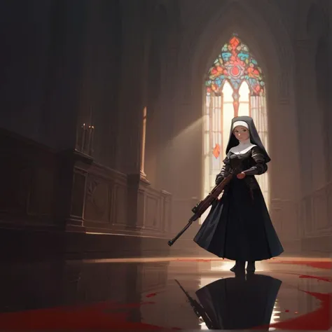 score_9,score_8_up,score_7_up, source_anime, (armored) nun, (holding an assault rifle)+, action pose, in a ruined city. Fantasy art, dramatic, toon style, stylized, blood return ,low light, dramatic lighting, (spotlight:1.3),window lighting, glasses, reflection