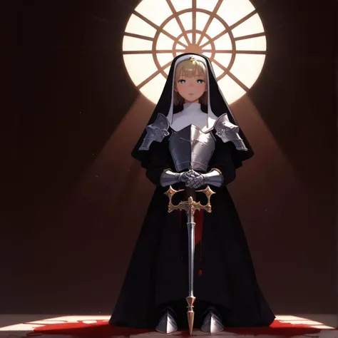 score_9,score_8_up,score_7_up, source_anime, (metalplate armored knight:1.2)+ nun, helmet of knight, shiny skin, (holding an assault rifle)+, standing front of ruined church. Fantasy art, dramatic, toon style, stylized, blood return, low light, (spotlight:1.3), window lighting, glasses, reflection, bright pupils, (full body:1.2), (sad eyebrow, downward-slanting eyebrows:1.2), blunt bangs, Sunlight, red lips