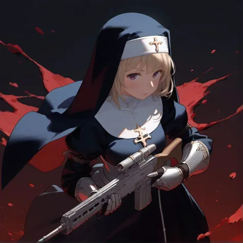 score_9,score_8_up,score_7_up,source_anime, An (armored)+ nun, (holding an assault rifle)+, action pose, in a ruined city. Fantasy art, dramatic, toon style, stylized,blood return