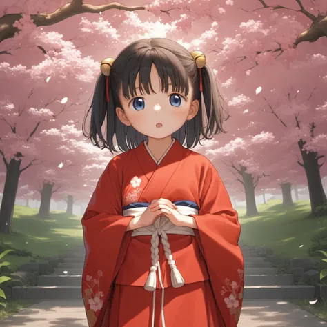 (score_9) (source_anime) (classic) (most aethetic quality) (ultimate detailed photo) (golden ratio) (aethetic harmony), 1 child miko ia standing under cherry blossom, cobalt blue eye