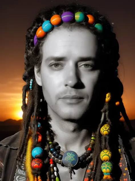 photo of man (cer4ti:1), face centered, hippie at burning man, covered in mud, long hair with ((colorful beads and dreads)), rainbow face paint, paint fading, dirty face, finely detailed eyes, award winning photography, sunset time, bright, high detail, 8k, <lora:cer4ti:1>