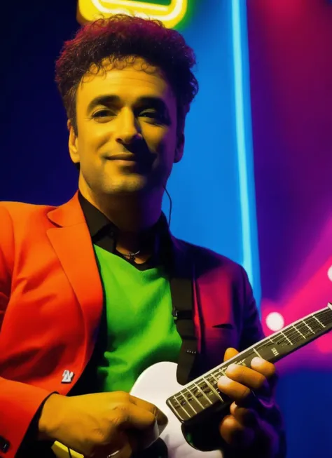 portrait photo of sks man with microphone in the hand, bold, bright colours, neon lights in the background <lora:cer4ti:1>
