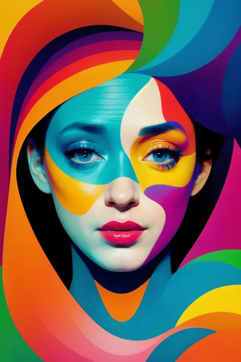 <lora:cer4ti:0.85> Abstract artwork that uses colorful overlapping shapes to create a portrait of a beautiful female. The look should be inspired by the unique painting styles found in cubism with an emphasis on texture and intricate detail including hand - drawn typefaces& organic flourishes around the eyes, cheeks& nose