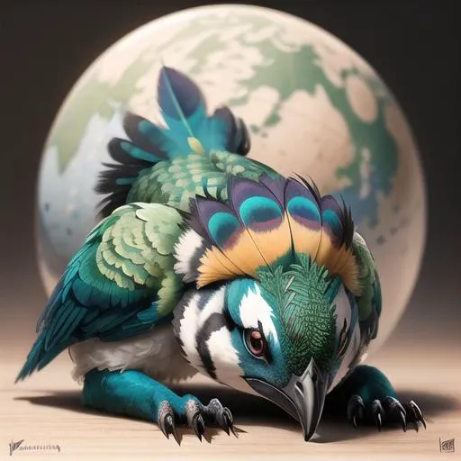 no humans,planet, feather,no humans, animal focus, pokemon \(creature\), claws, bird, solo, lying, full body, looking at viewer, realistic<lora:Peacockstyle:0.55>