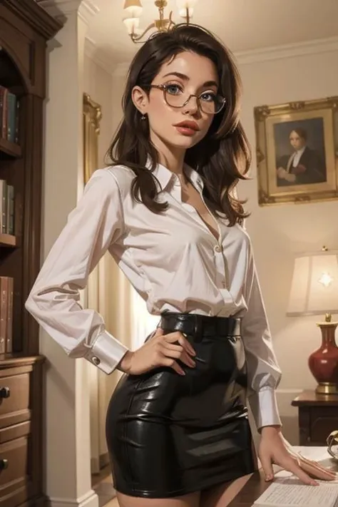 Porn Actress medison ivy, European girl, pencil skirt, white blouse, aesthetics of the female body, glasses,