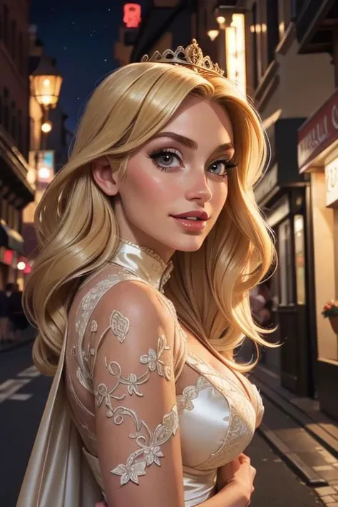 highres, masterpiece, pov, same eyes, front body, laughing:1.5, blonde:1.6 long queen hair, long luxury dress, on street, night photo, in darkness, adult, dark fantasy, nightlife style, mature, perfect skin, 1girl, cosplay, from below, looking at viewer, big breasts, heavy makeup, blush, seductive, OverallDetail:1.3, EyeDetail:2, realistic eyes,