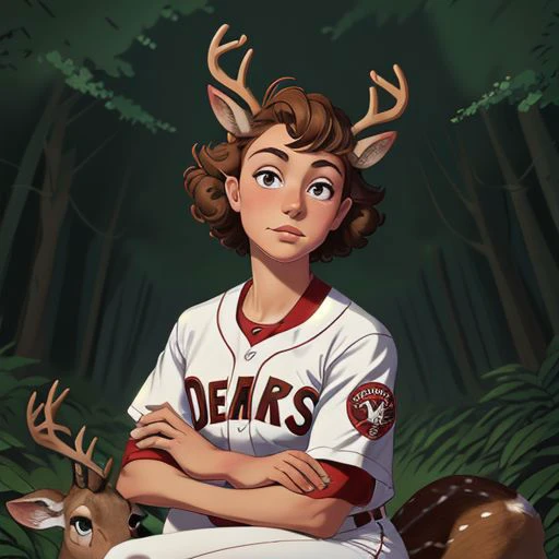 Professional portrait of a girl (20 years:1.1), short brown curly hair, (deer ears:1.15), wearing a baseball school uniform white and red, sitted in a dark forest