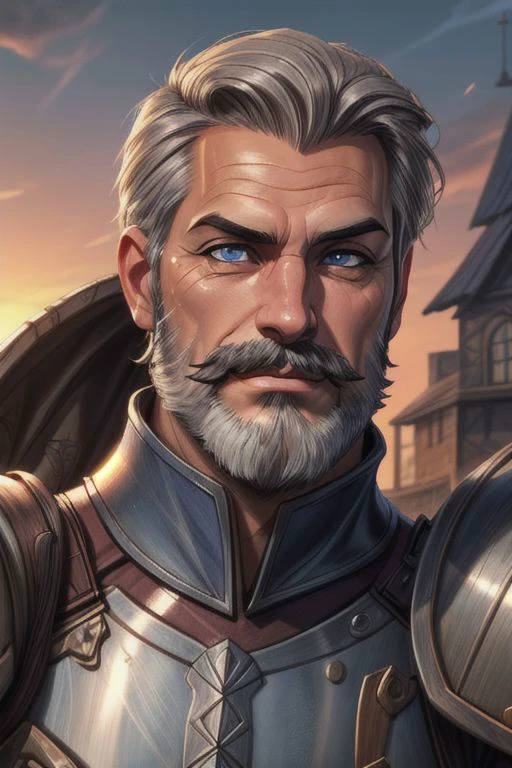 Male, sunset fantasy medival town fantasy Jawline, smiling, proud, older man, greying short neat hair, wrinkles, ultimate quality blue eyes, sapphire eyes old posh, muscled<lora:windv3:1> close up, high quality skin, ultimate quality, cinematic lighting, looking at viewer, thick,, from the front, portrait, close up on face. Plate Metal armor highly detailed, high resolution, shoulder pauldrons high quality skin, tanned shiny skin, arms folded, arms crossed, gauntlets, thick moustache, greying beard