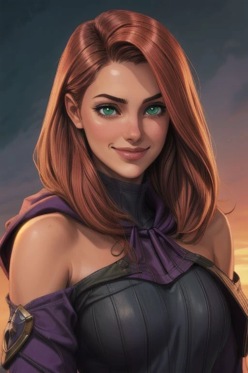 busty, western female, sunset fantasy medival town fantasy arrogant messy bob very long ginger hair blowing round face slim ultimate quality green eyes, emerald eyes young posh, huge tits <lora:windv3:1> thick lips, pout, amused flirty grin close up, high quality skin, ultimate quality, cinematic lighting, looking at viewer, skinny, from the front, big boobs, straight hair, portrait, close up on face. lana rhoades,pink and purple leather armor, cleavage, strapless, highly detailed, high resolution, shoulders bare, shoulder armor, arms up, armpits, hands behind head, high quality skin, tanned shiny skin, arms up, elbow squeeze, breasts squeezed together, hood, hair under hood