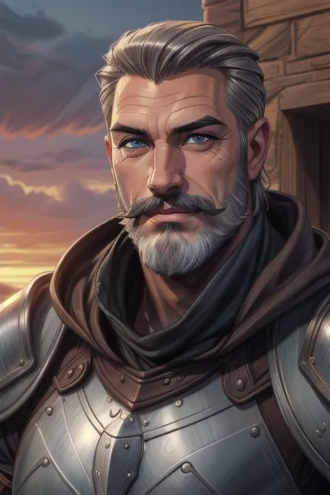 Male, Masculine, sunset fantasy medieval town  fantasy Jawline, smiling, proud, older man, greying short slicked back neat hair, wrinkles, ultimate quality blue eyes, sapphire eyes old posh, muscled<lora:windv3:1>  close up, high quality skin, ultimate quality,  cinematic lighting, looking at viewer, thick,,  from the front, portrait, close up on face. Plate Metal armor highly detailed, high resolution,  shoulder pauldrons  high quality skin, tanned shiny skin, arms folded, arms crossed, gauntlets, thick moustache, greying beard, thick cloak