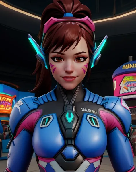 Dva, brown hair, brown eyes, facial mark, ponytail, bodysuit, armor, headphones, looking at viewer, breastplate, standing, upper body,
arcade, indoors, neon lights, smile, (insanely detailed, beautiful detailed face,beautiful detailed eyes, masterpiece, best quality),solo,
<lora:DvaOW2-10:0.8> looking at viewer,