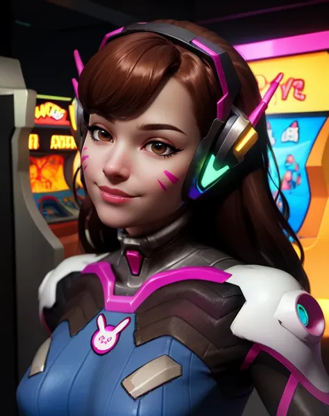 Dva, brown hair, brown eyes,  facial mark,  
bodysuit,  headphones
standing,  upper body,
arcade, indoors,  neon lights,  smile, 
(insanely detailed, beautiful detailed face,beautiful detailed eyes, masterpiece, best quality),solo,
<lora:DvaOW1-10:0.8>