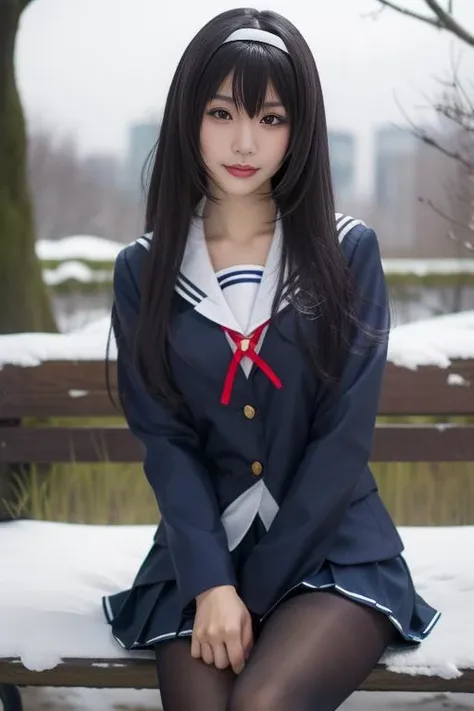 ultra-detailed,highly detailed,best quality,masterpiece,illustration,realistic,
1girl, solo, kasumigaoka utaha,cosplay,
school uniform, jacket, buttons, long sleeves, sailor collar,blazer, pleated skirt,pantyhose, loafers, neck ribbon,
long hair, purple hair, very long hair, bangs, hairband,
outdoors, blurry background, depth of field, day,winter, snow,bare tree,bench,
looking at viewer,sitting on bench,
<lora:kasumigaoka utaha_v2_04:0.7>