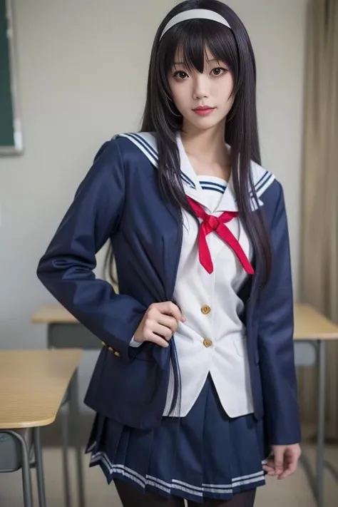ltra-detailed,highly detailed,best quality,masterpiece,illustration,realistic,
1girl, solo, kasumigaoka utaha,cosplay,
school uniform, jacket, buttons, long sleeves, sailor collar,blazer, pleated skirt,pantyhose, loafers,
long hair, purple hair, very long hair, bangs, hairband,
indoors, bedroom,
looking at viewer,standing,
<lora:kasumigaoka utaha_v2_04:0.7>