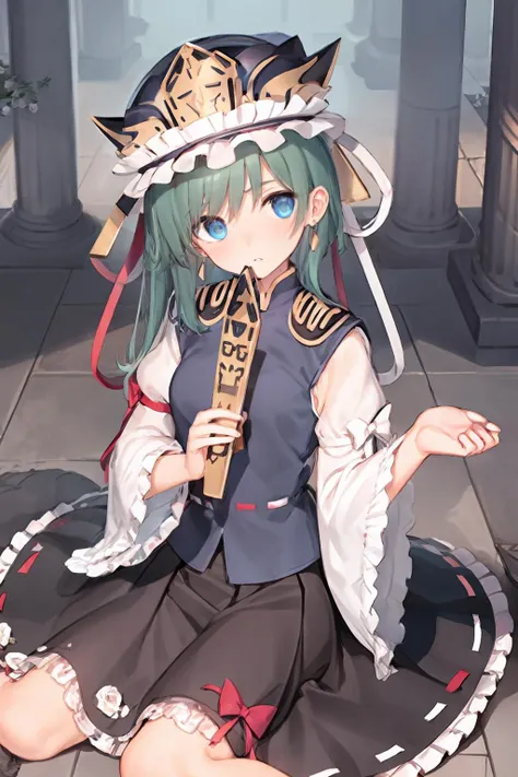 masterpiece, best quality, <lora:shikieiki:1>, <lora:style01:1>,1girl, solo, green hair, hat, flower, shiki eiki, sitting, long sleeves, wide sleeves, rose, blue eyes, red flower, sword, looking at viewer, skirt, wariza, weapon, short hair, frills, red rose, embellished costume, jewelry, puffy sleeves, vest, head tilt, shirt, pillar, juliet sleeves, petals, ribbon, adapted costume, tile floor, earrings, green eyes, light particles, frilled sleeves, tiles, parted lips, expressionless, hat ribbon, on floor, rod of remorse, holding, sunlight, dress, asymmetrical hair