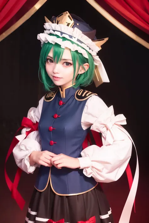 masterpiece, best quality, <lora:shikieiki:1>,1girl,shiki eiki,smile, hat, blue vest,white shirt,black shirt, green hair, short hair,long sleeves, bow, blue eyes, , ribbon, red bow, ribbon-trimmed skirt,
