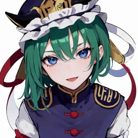 (from above:1.6), (looking at viewer:1.2), (leaning, leaning forward:1.5), (anime, drawn), (older woman:1.2), blue eyes, masterpiece, best quality, (face portrait:1.3), (close-up:1.25), shiki eiki, 1girl, solo, (smile:1.2), (happy:1.2), (open mouth:0.95), hat, white background, short green hair, blue vest, white shirt, black shirt, red bow <lora:shikieiki:1> <lora:OjouSama:0.5>, ojou-sama pose