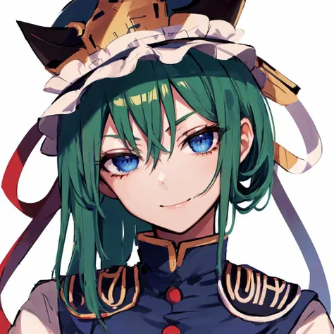looking at viewer, (leaning, leaning forward:1.2), (anime, drawn), blue eyes, masterpiece, best quality, face portrait, close-up, shiki eiki, 1girl, solo, (head tilt:1.2), (smug:1.2), smile, smirk, (open mouth:0.8), hat, white background, short green hair, blue vest, white shirt, black shirt, red bow <lora:shikieiki:1>