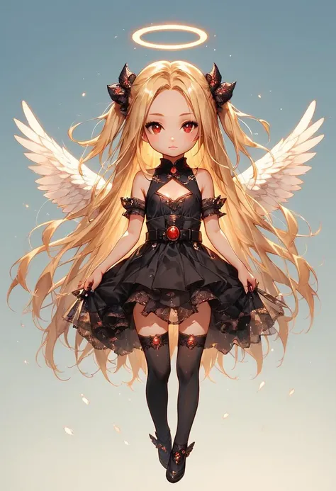 score_9, score_8_up, score_7_up, very aesthetic, angel ,1angel girl(,chibi,forehead ,short stack girl, cute, pretty, petite,:1.2), simple background, full body,angel wings, white wings, halo,
éè²ä¹æä¼è konjiki no yami, (long hair, blonde hair, very long hair, red eyes, holding, two side up, cleavage cutout, hair ornament, breasts, clothing cutout, bare shoulders, thighhighs, cowboy shot, small breasts, black dress, belt)<lora:Yabuki Kentarou_XL_PONY:0.45>
<lora:Expressive_H:0.8> <lora:g0th1cPXL:0.8>
<lora:w1ngsXLP:0.45> <lora:AngelStyle:0.25>