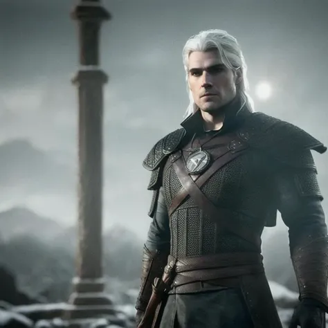 cinematic film still   3d cartoon polaroid shot of henry cavill as withcer geralt of rivia, white hair, dark atmosphere, realisitc . shallow depth of field, vignette, highly detailed, high budget, bokeh, cinemascope, moody, epic, gorgeous, film grain, grainy