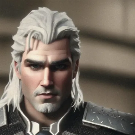cinematic film still   3d cartoon polaroid shot of henry cavill as withcer geralt of rivia, white hair, dark atmosphere, realisitc . shallow depth of field, vignette, highly detailed, high budget, bokeh, cinemascope, moody, epic, gorgeous, film grain, grainy